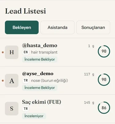Mobil panelde hasta listesi: her hastanın yanında 90, 90 ve 86 gibi satış puanı görünüyor.
